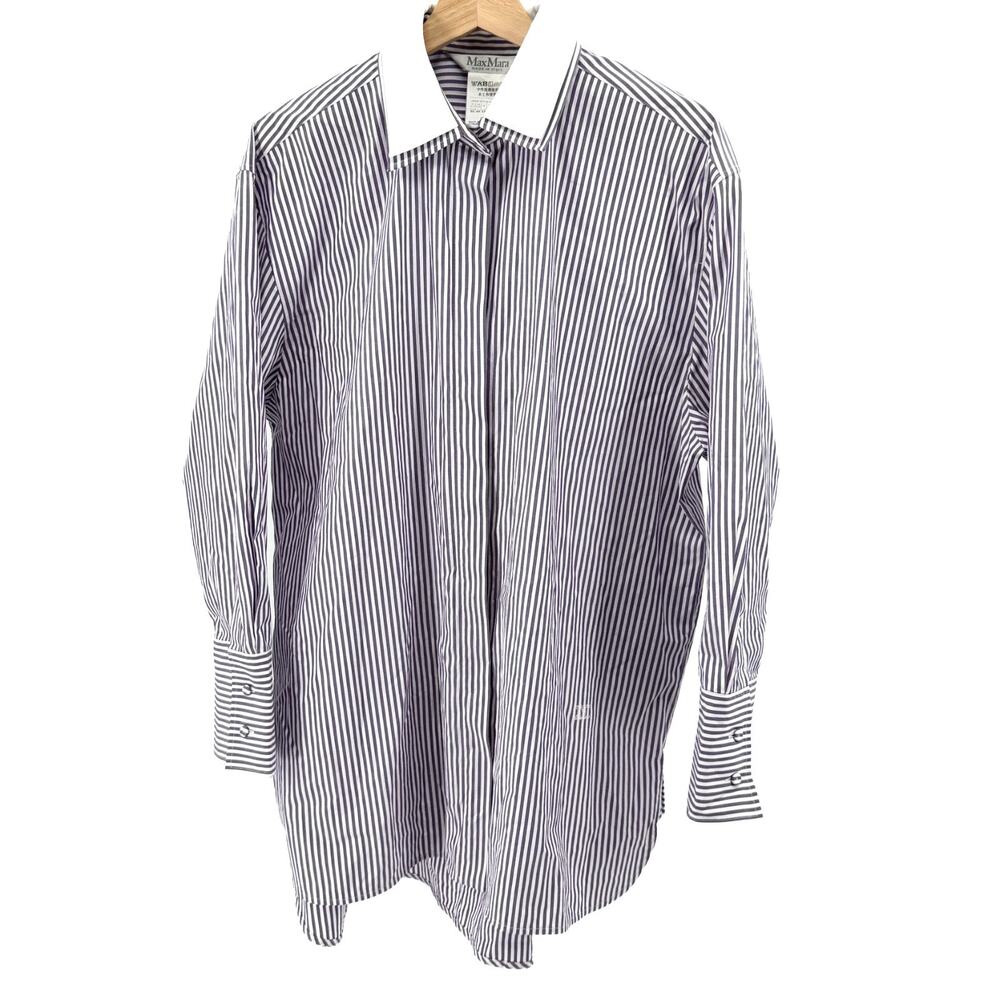 Max Mara Purple White Striped Contrast Collar Dress Shirt